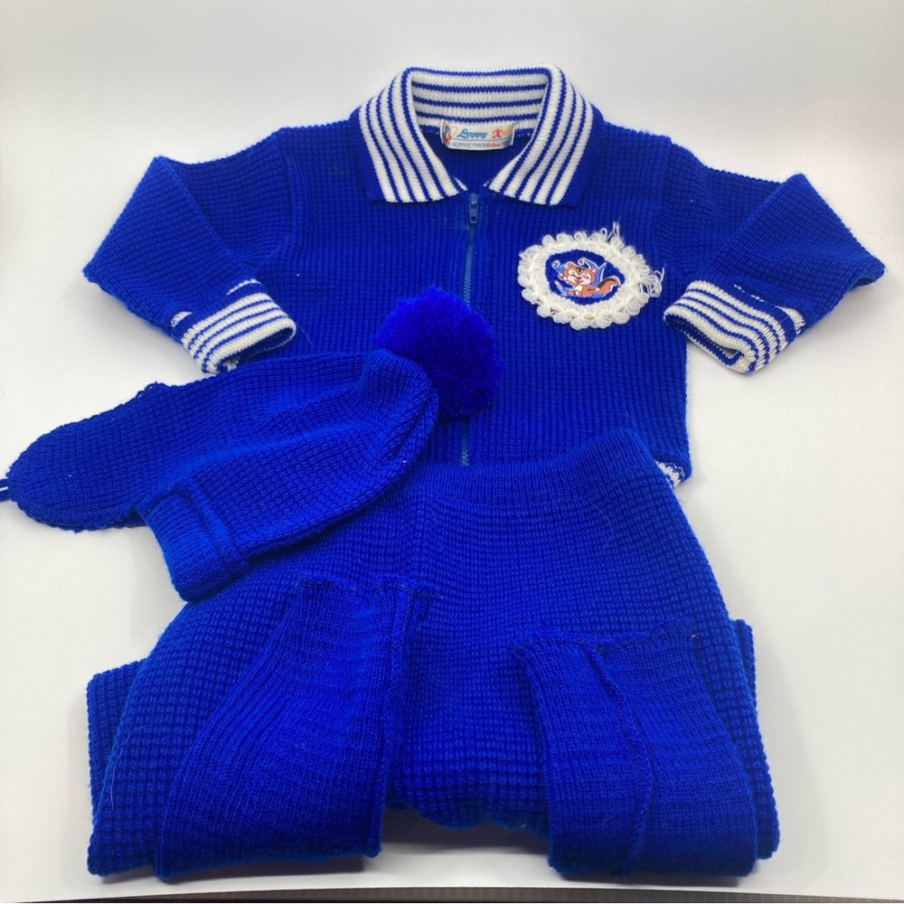 Vintage Lappy Knit baby kids knit 3 piece set blue winter hat pants sweater